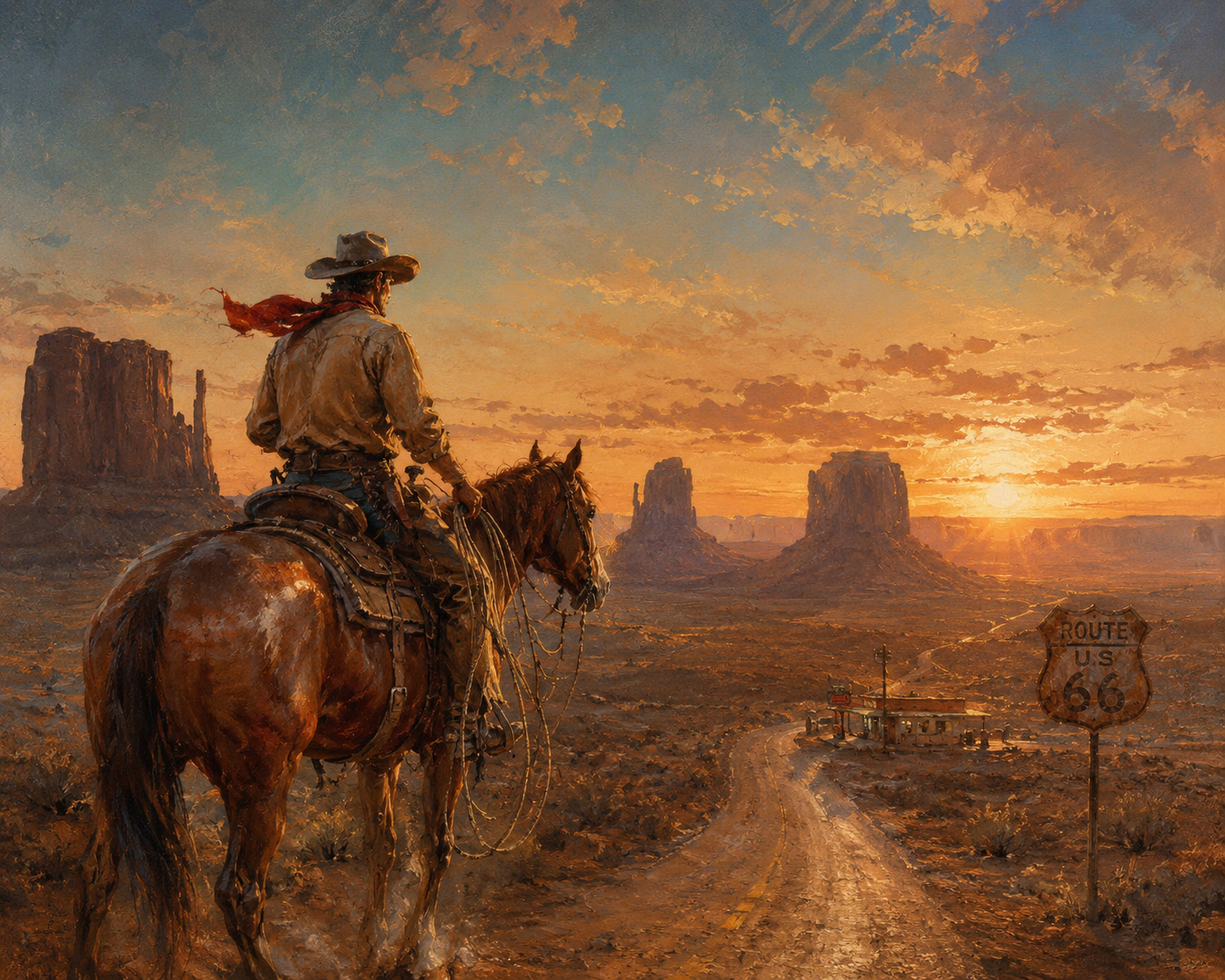 A rider on horseback looking out over Monument Valley at sunset, with a Route 66 shield beside the road