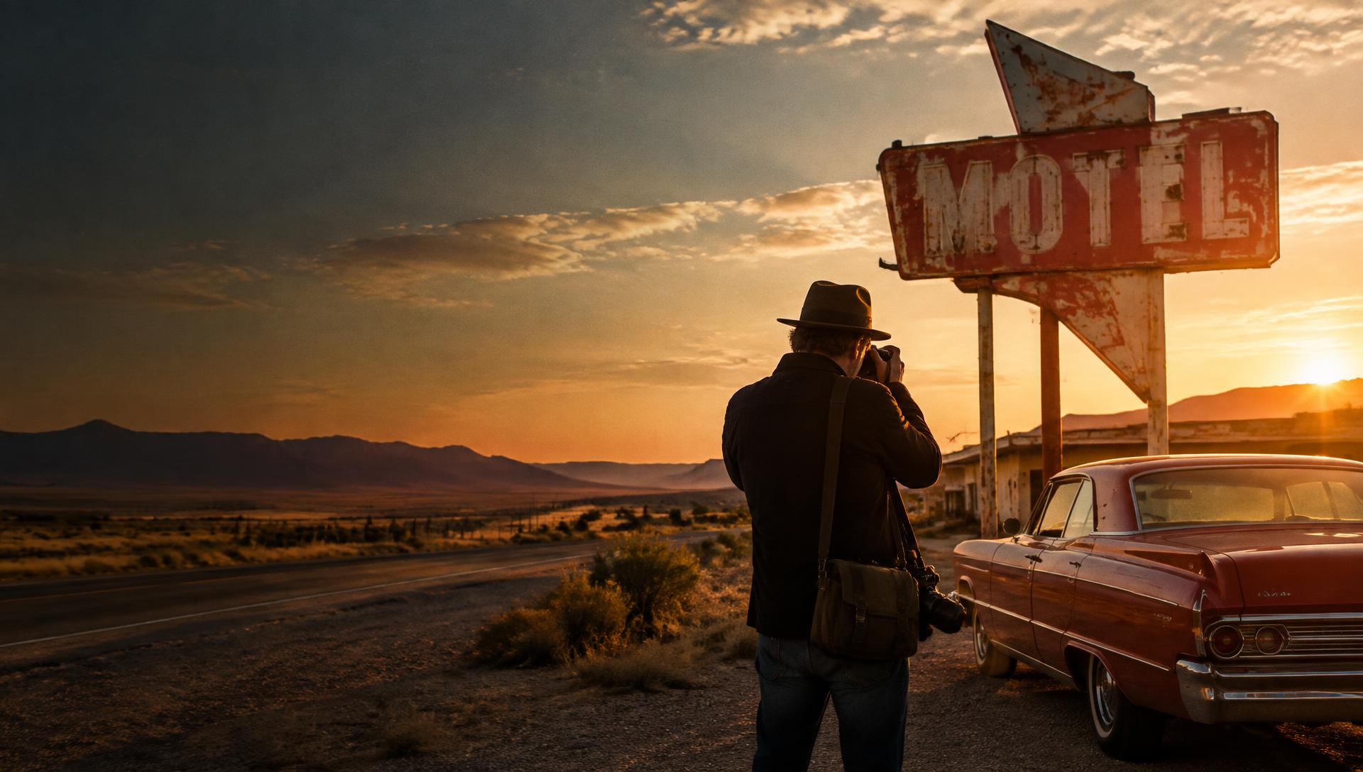 A photographer capturing an Americana roadside scene at sunset